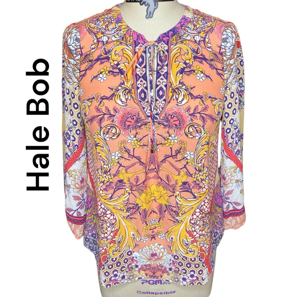 Hale Bob Floral & Geometric Print Top/Blouse Sz Small Tie at Front Neck